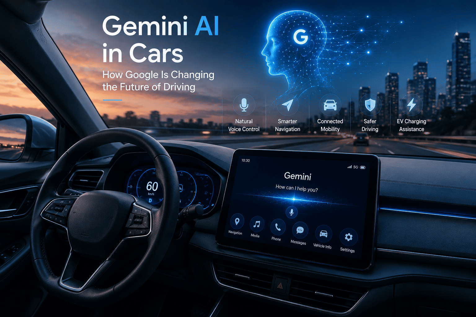 Gemini AI in cars dashboard interface showing smart voice assistant, navigation, and connected driving technology