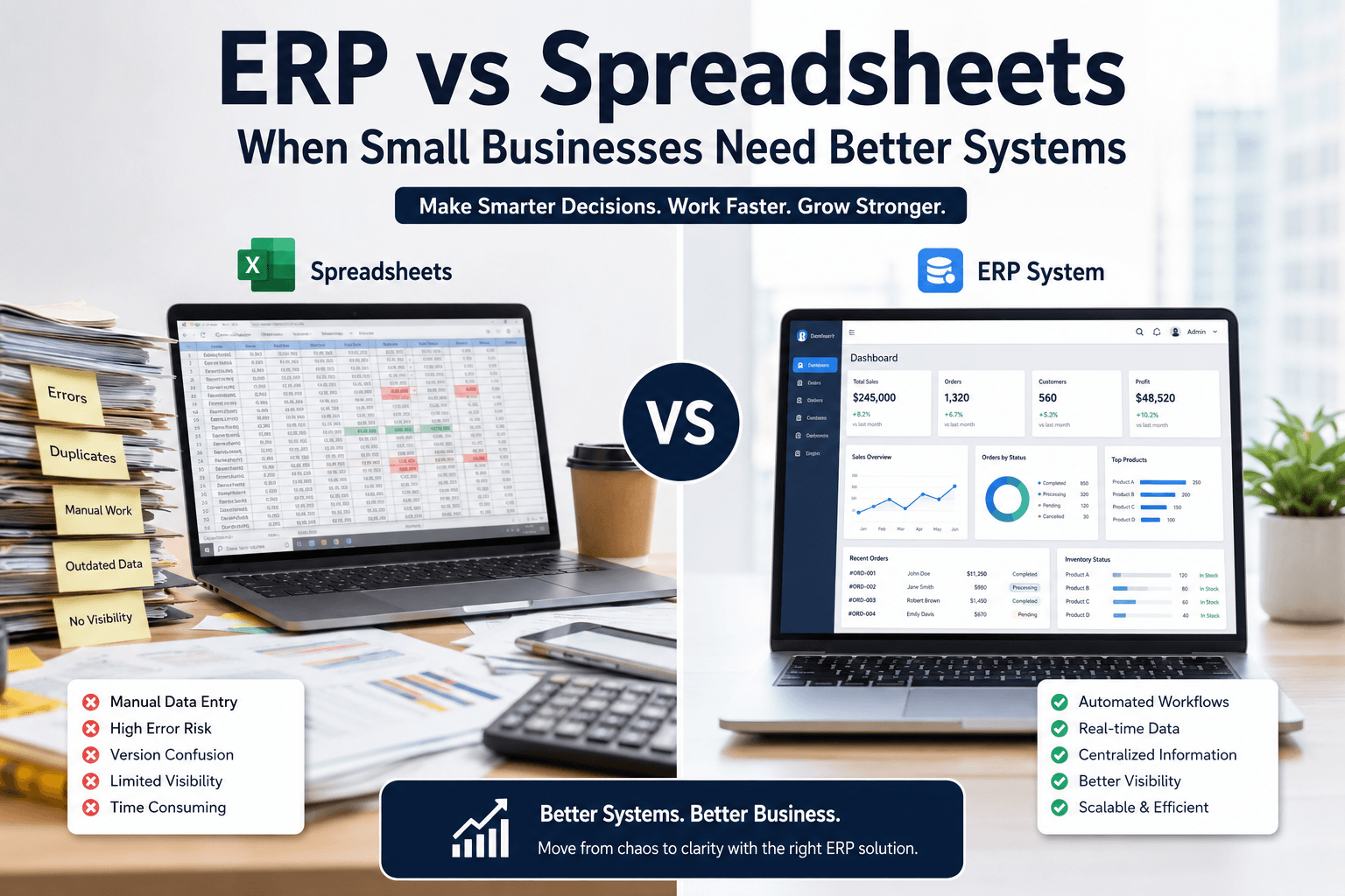 ERP vs spreadsheets comparison for small businesses showing workflow automation and operational efficiency benefits