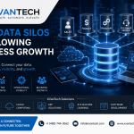 Data silos in business illustration showing disconnected departments including sales, finance, operations, customer service, and HR connected through centralized data management systems