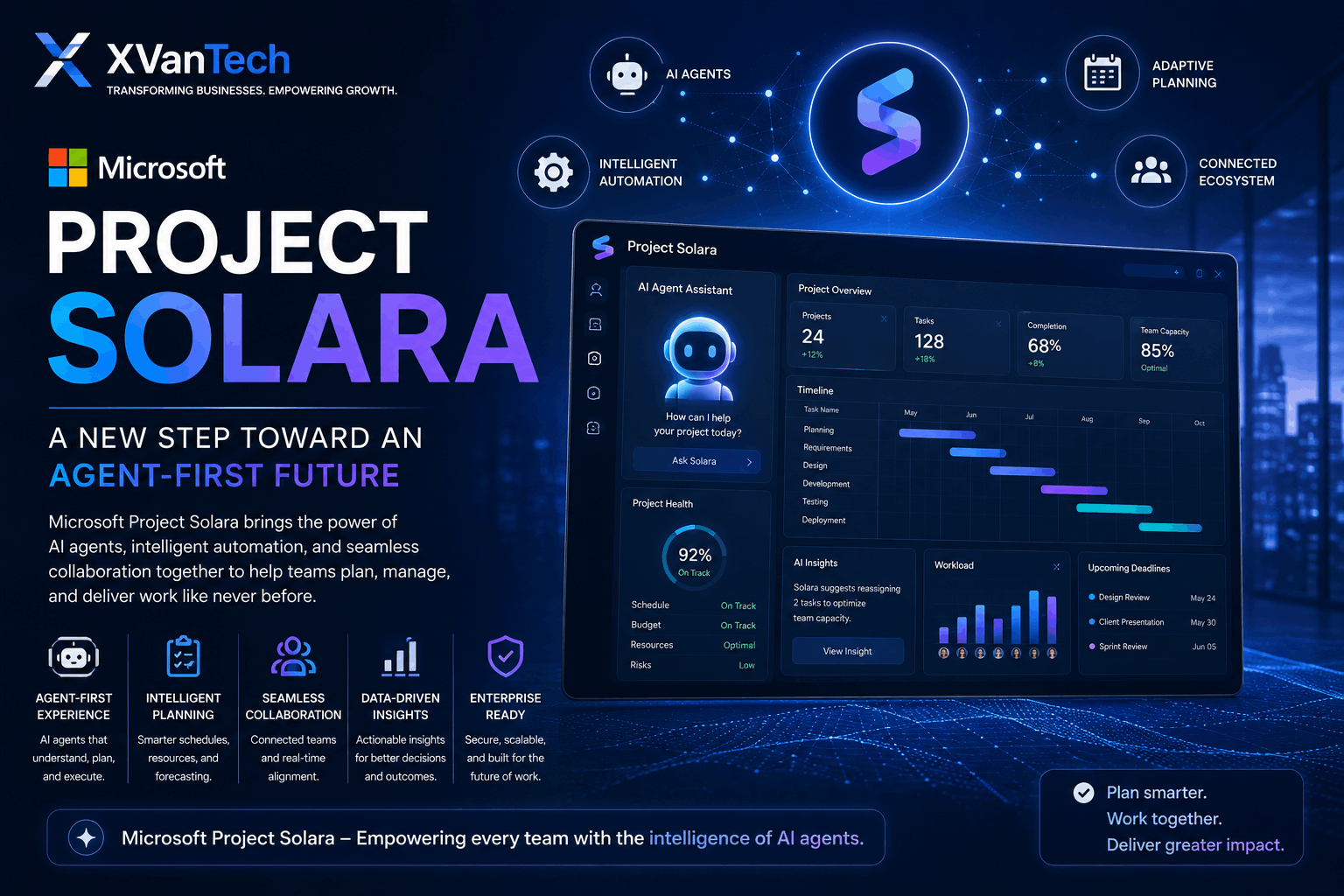 Microsoft Project Solara AI agent platform showcasing intelligent planning, workflow automation, project management, and collaborative business operations in an agent-first environment