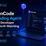 OpenCode AI Coding Agent displayed on a laptop with AI coding assistant interface and XVanTech branding, highlighting a free AI developer tool for code generation and software development.