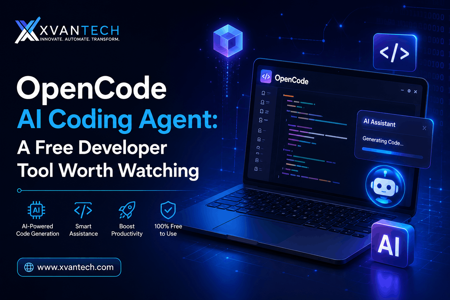 OpenCode AI Coding Agent displayed on a laptop with AI coding assistant interface and XVanTech branding, highlighting a free AI developer tool for code generation and software development.