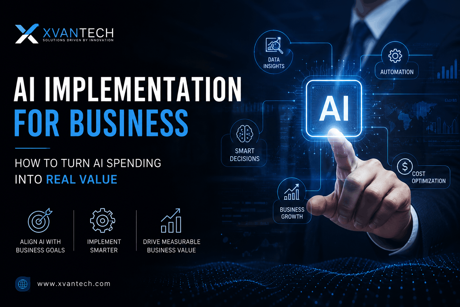 AI implementation for business showing how organizations can turn AI spending into measurable business value through strategic implementation by XVanTech