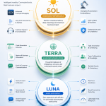 Business AI model hierarchy showing Sol, Terra, and Luna AI models connected for advanced reasoning, business productivity, automation, coding, customer support, and workplace collaboration with XVanTech branding.
